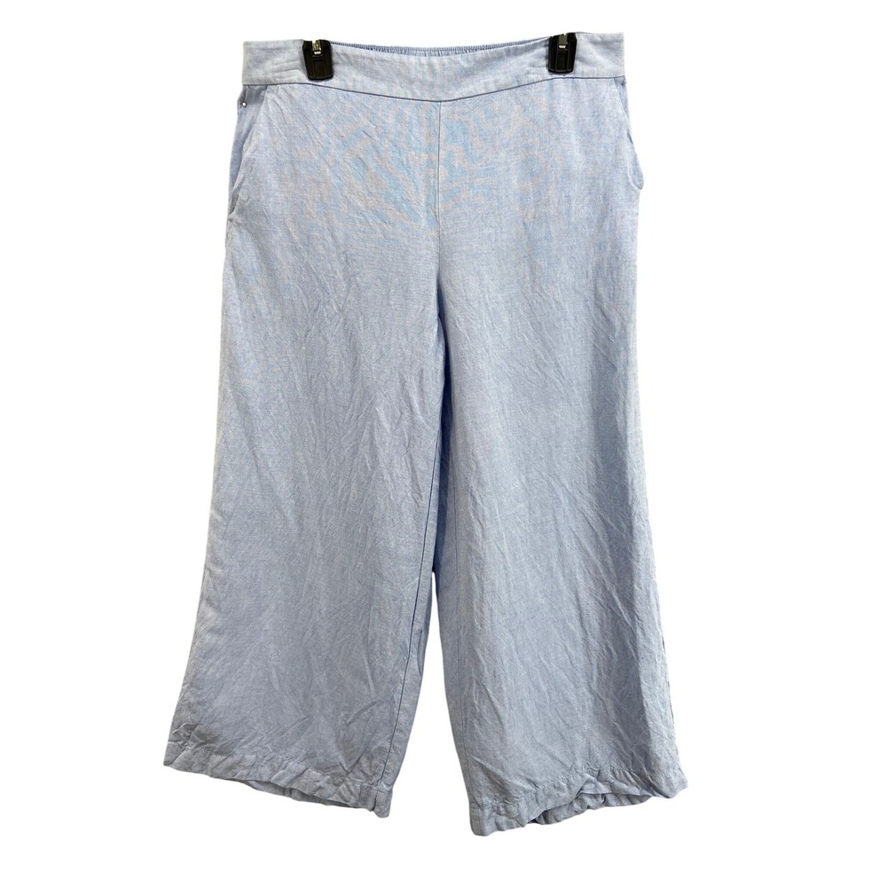 LOFT Pants Sz L Light Blue Linen Blend Wide Leg Cropped Elastic Waist